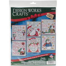 Load image into Gallery viewer, Design Works plastic canvas ornament kit. Design features six square ornaments with christmas sayings.  Edit alt text