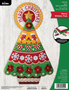 Bucilla felt wall hanging. Design features a vintage colored christmas tree. Yellow, green, red.