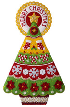 Load image into Gallery viewer, Bucilla felt wall hanging. Design features a vintage colored christmas tree. Yellow, green, red. 