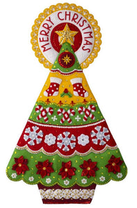 Bucilla felt wall hanging. Design features a vintage colored christmas tree. Yellow, green, red. 