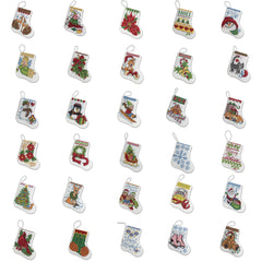 Bucilla counted cross stitch ornament kit.  Kit features thirty stocking shaped ornaments with various christmas items on them.