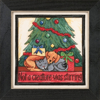 Mill Hill beaded counted cross stitch picture kit. This design features a cat and dog sleeping underneath a christmas tree. 