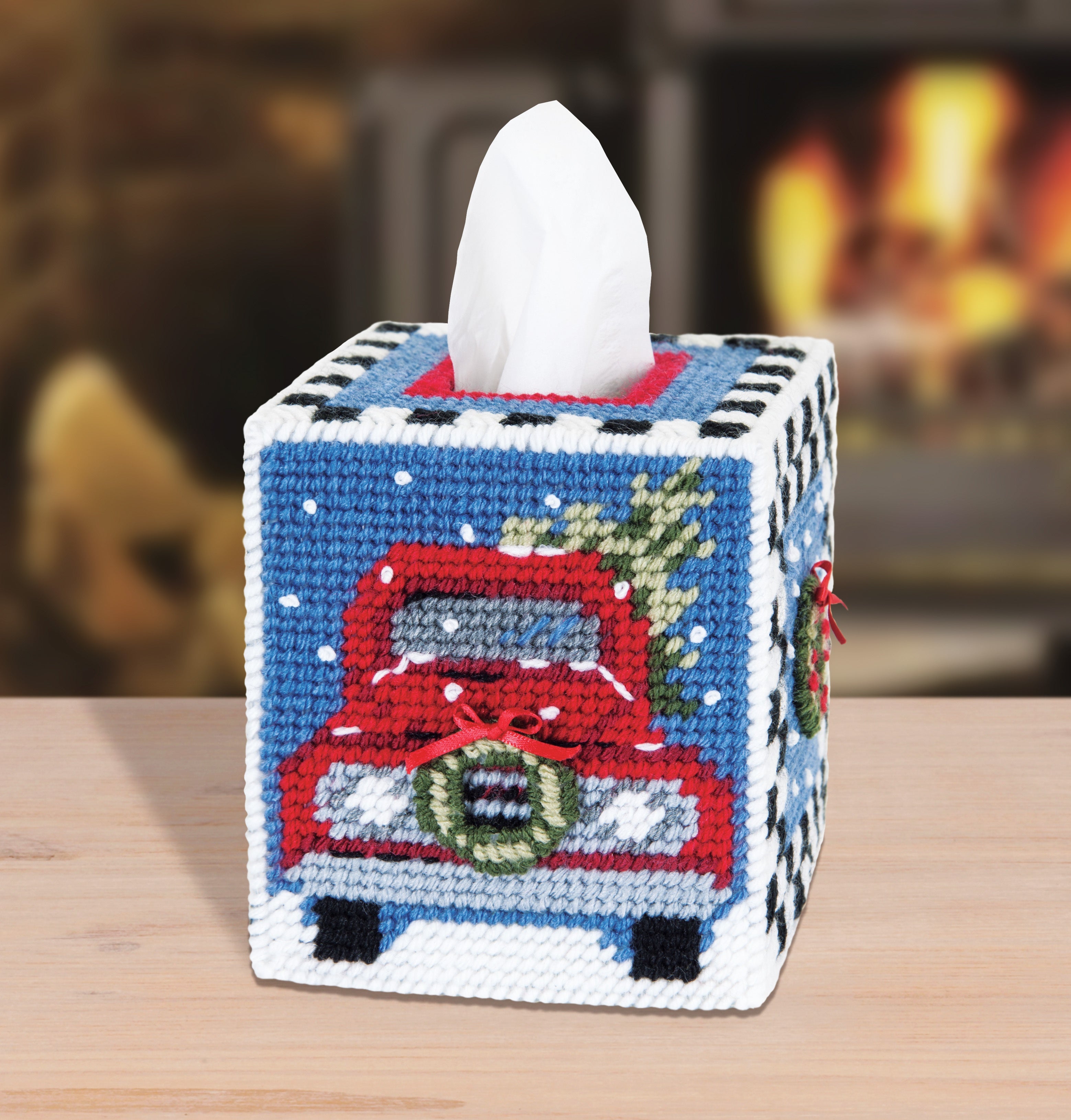 Plastic Canvas Tissue Box Cover Kit. This Design features an old red truck decorated for christmas.
