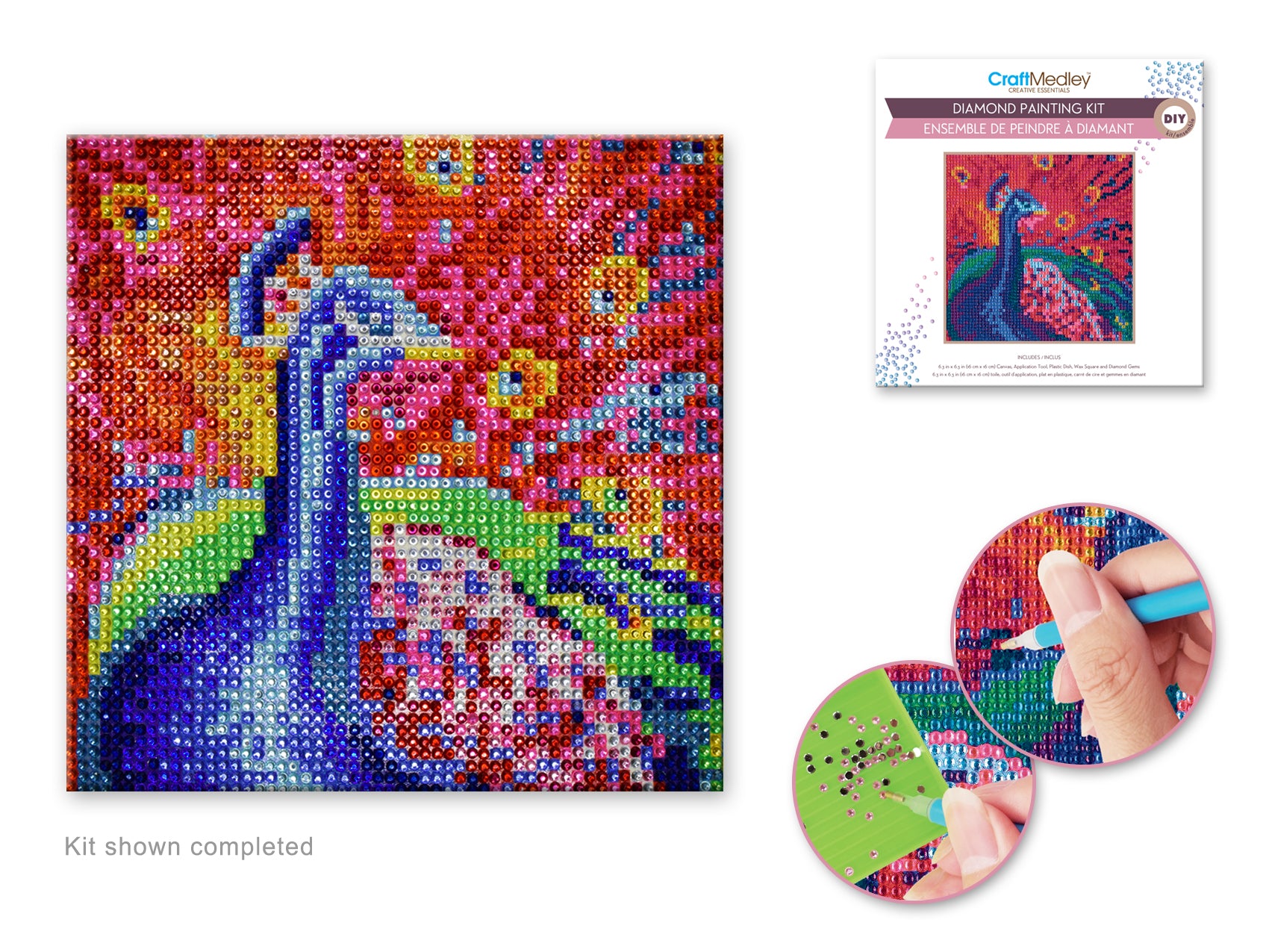 Diamond painting kit. This design features a colorful peacock.