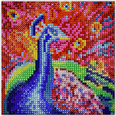 Diamond painting kit. This design features a colorful peacock.