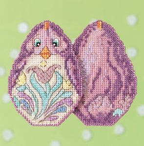 Mill Hill beaded counted cross stitch ornament kit.  The design features a purple chick shaped like a decorated Easter egg.