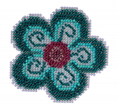 Mill Hill counted cross stitch ornament kit. Design features an aqua flower with a maroon center.
