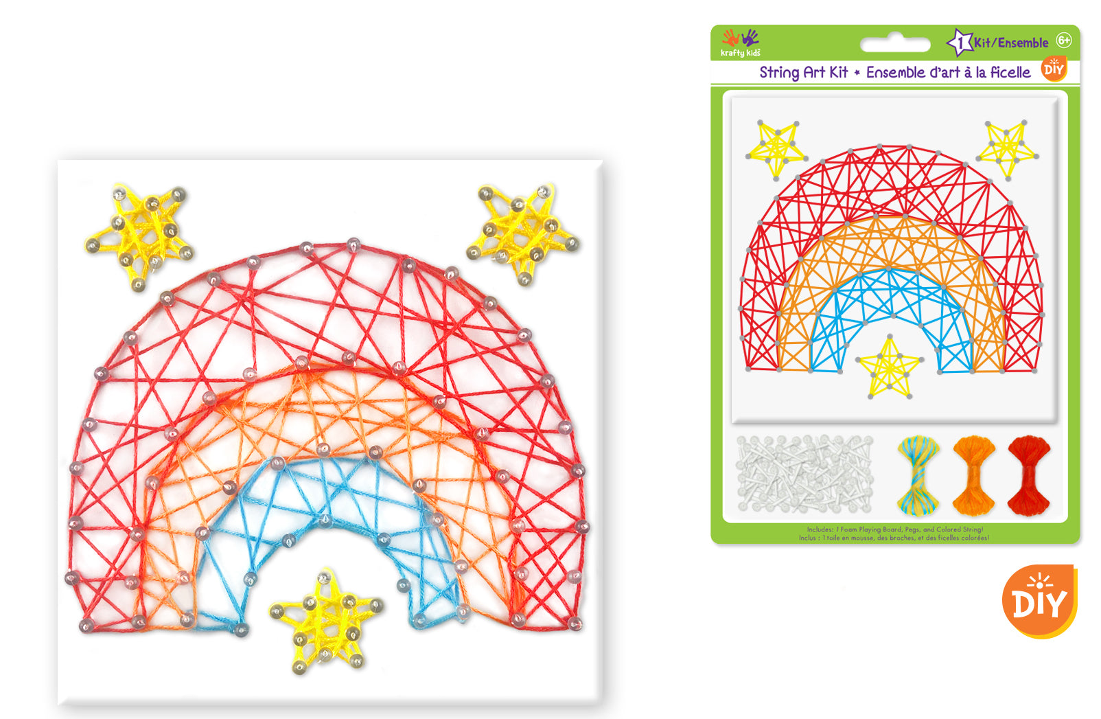 Krafty Kids String Art Kit. Design features a rainbow with stars.