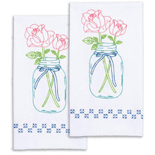 Load image into Gallery viewer, Decorative stamped for crosss stitch and embroidery. This design features 2 pink roses in a mason jar.