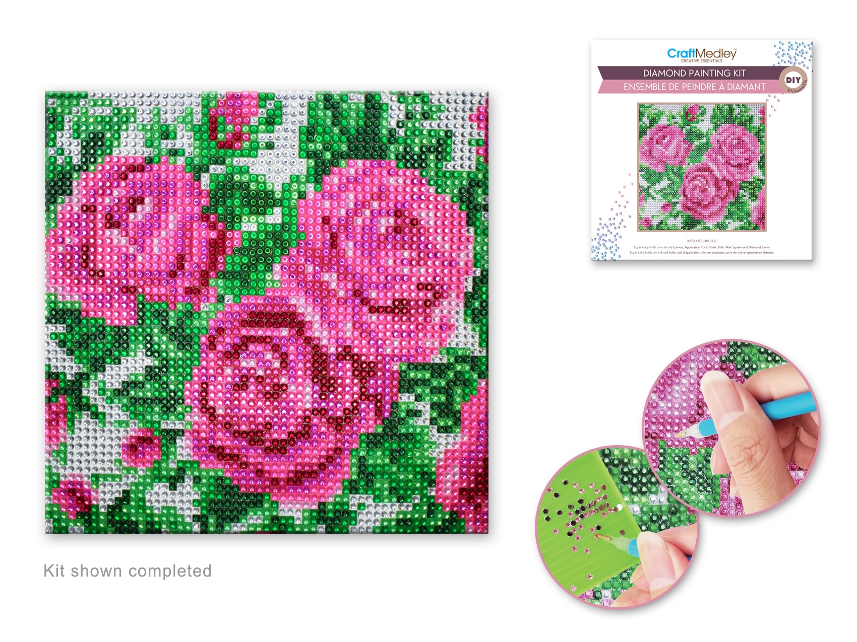 Diamond painting kit. This design features  pink roses.