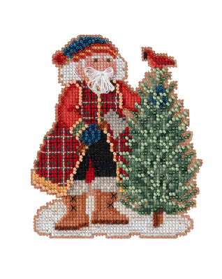 Mill Hill counted cross stitch kit. Design features Santa ready to cut down a scotch pine tree.