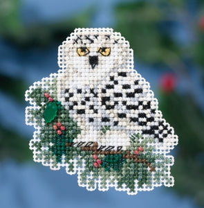 Mill Hill Counted Cross Stitch Magnet Ornament kit. Design features a while owl with black spots sitting on a tree branch.