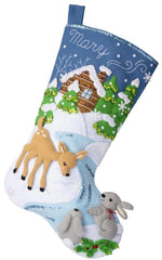 Bucilla felt Christmas stocking kit, Design features a snow scene with deer and bunnies.