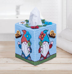 Plastic Canvas Tissue Box Cover Kit. This Design features colorful gnomes with butterflies and flowers.