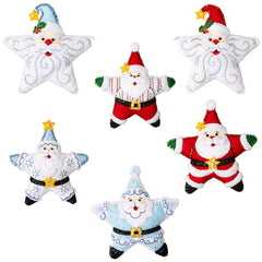 Bucilla felt ornament kit. Design features six star shaped ornaments. Two santa face ornaments. Two red and green santa ornaments. Two blue and white santa ornaments. 