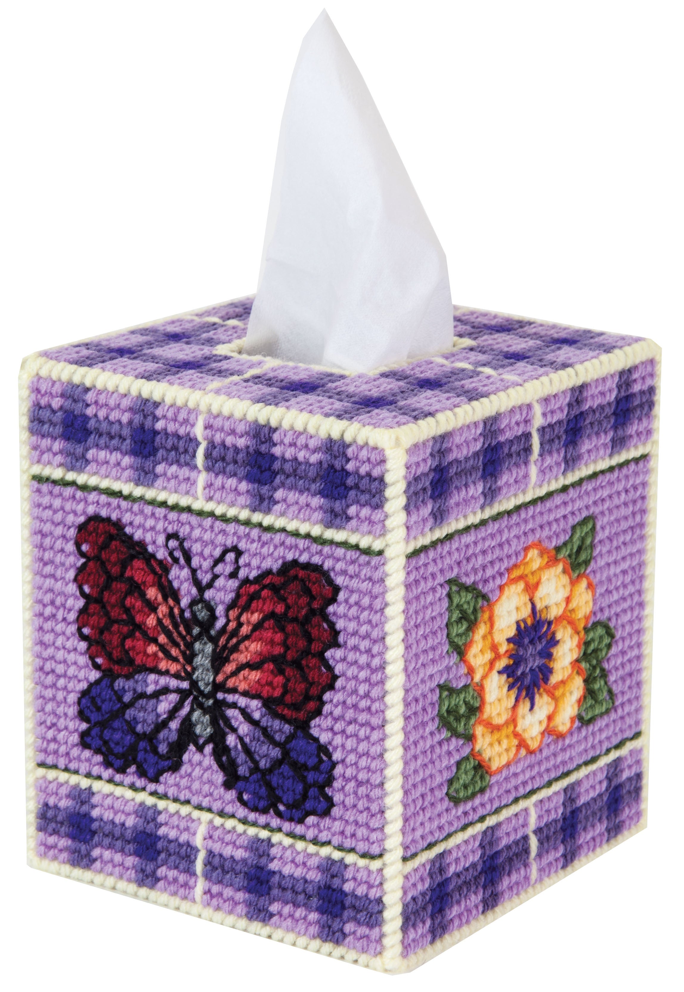 Plastic Canvas Tissue Box Cover Kit. This Design features Butterfies and flowers with a purple background.