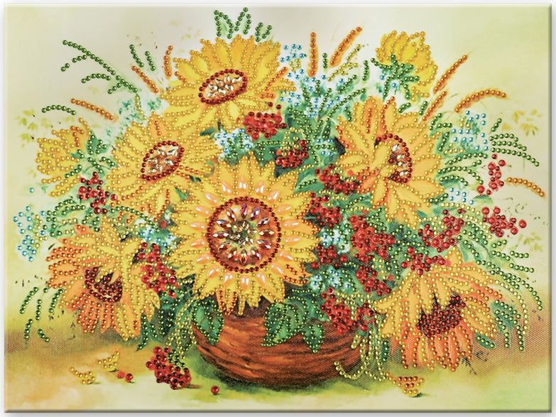 Diamond painting kit. This design features a large pot of sunflowers.