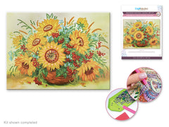 Diamond painting kit. This design features a large pot of sunflowers.