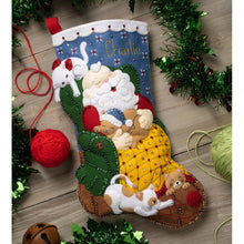 Load image into Gallery viewer, Bucilla felt Christmas stocking kit, Design features Santa sleepy in a chair with four cats.