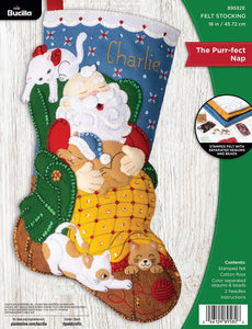 Bucilla felt Christmas stocking kit, Design features Santa sleepy in a chair with four cats.