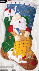 Bucilla felt Christmas stocking kit, Design features Santa sleepy in a chair with four cats.