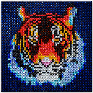 Diamond painting kit. This design features a tiger head with dark blue background.