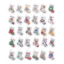 Load image into Gallery viewer, Bucilla counted cross stitch ornament kit.  Kit features thirty stocking shaped ornaments with various christmas items on them.