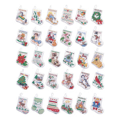 Bucilla counted cross stitch ornament kit.  Kit features thirty stocking shaped ornaments with various christmas items on them.