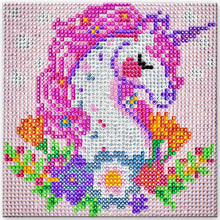 Load image into Gallery viewer, Diamond painting kit. This design features a unicorn head with flowers at the base.
