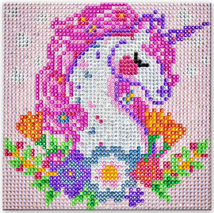 Diamond painting kit. This design features a unicorn head with flowers at the base.