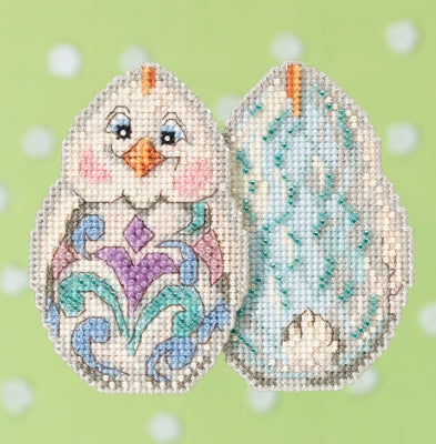 Mill Hill beaded counted cross stitch ornament kit.  The design features a white chick shaped like a decorated Easter egg.
