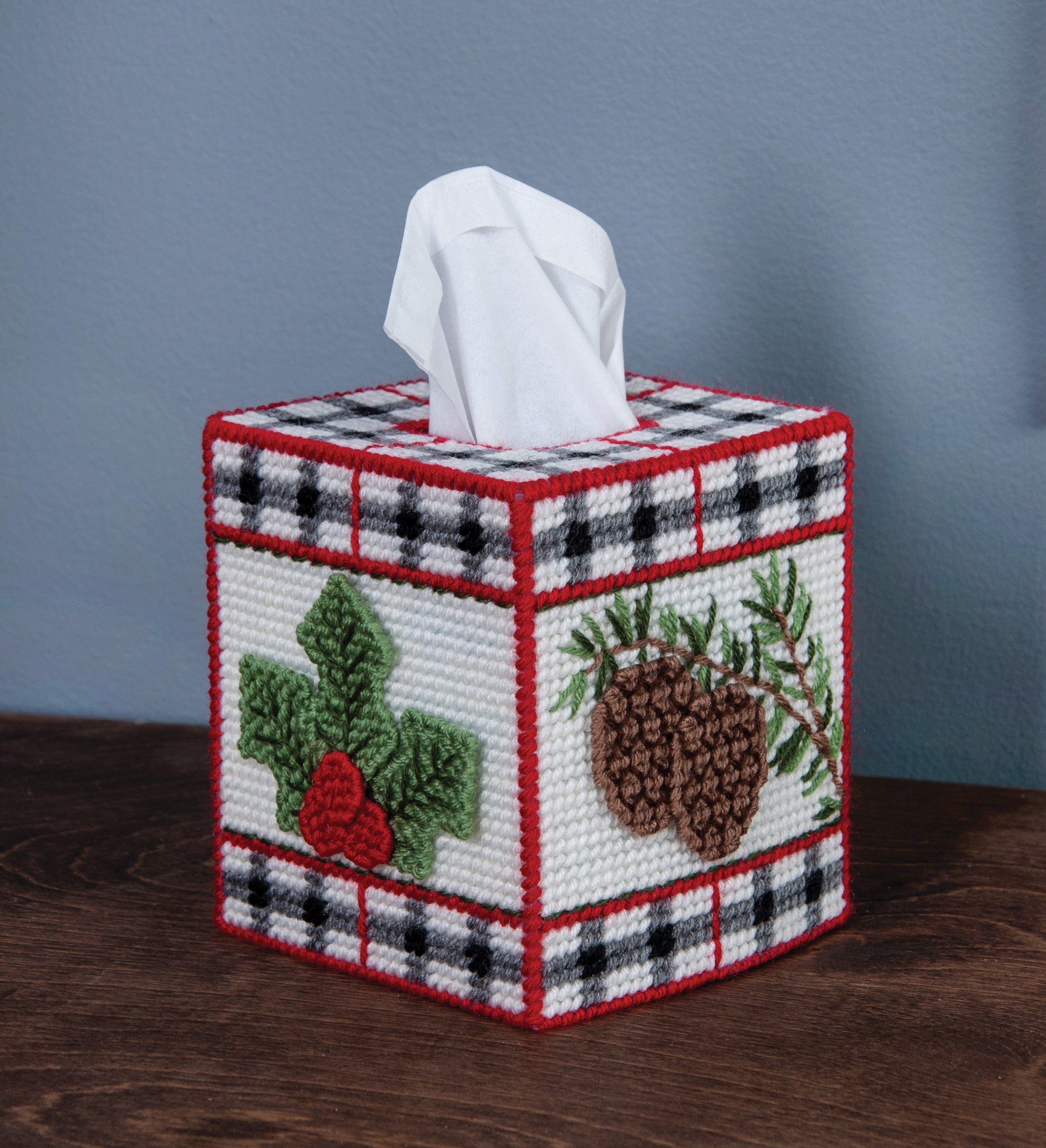 Plastic Canvas Tissue Box Cover Kit. This Design features a red, black and white plaid with winter leaves and pinecones. 