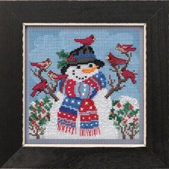 Mill Hill Beaded  counted cross stitch kit. The design features a snowman with red and blue scarf surrounded by cardinals.