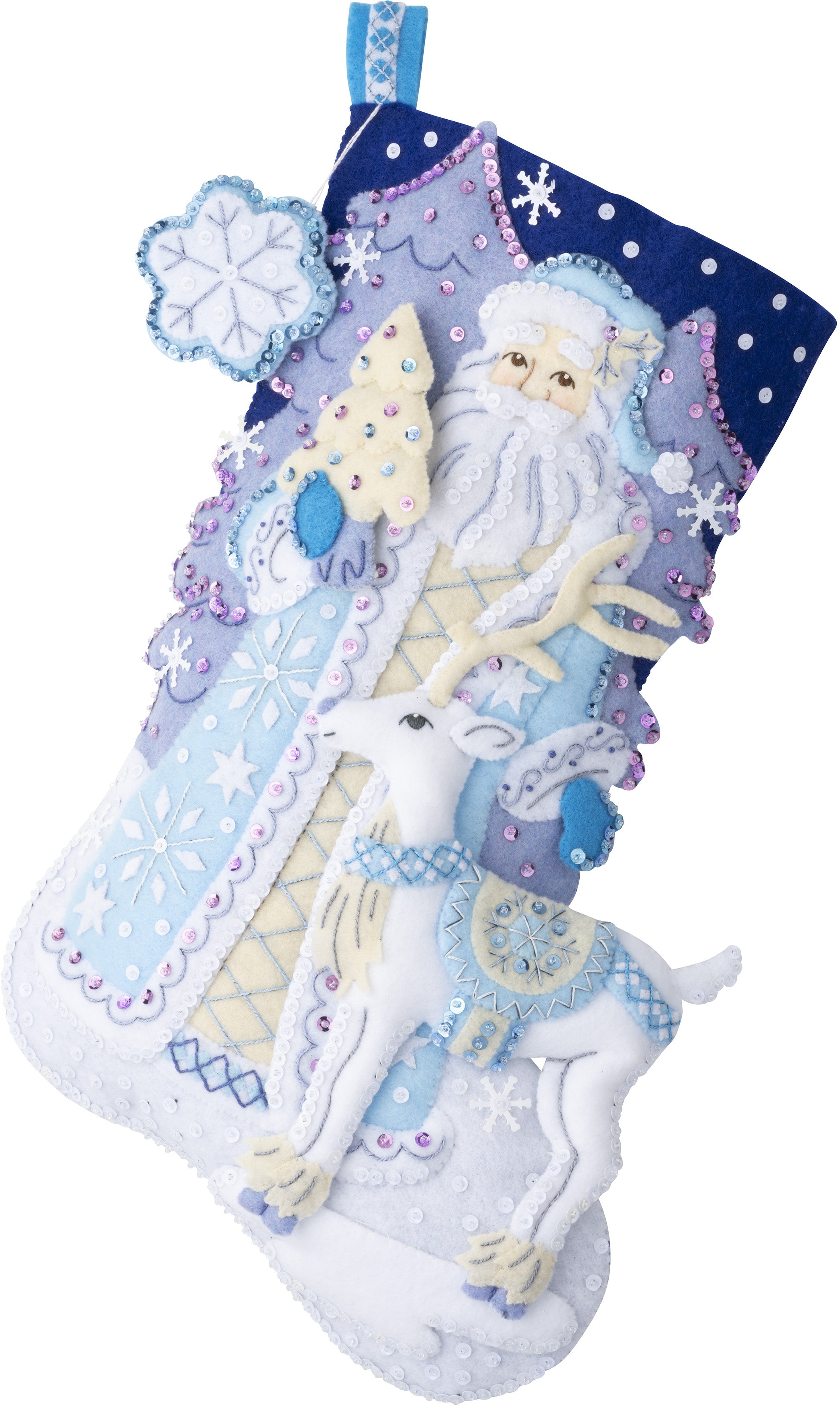 Bucilla felt christmas stocking kit. Design features a santa dressed in light blue and cream next to a white deer. The background features light purple trees. Blues and Purples are predominant in this stocking.